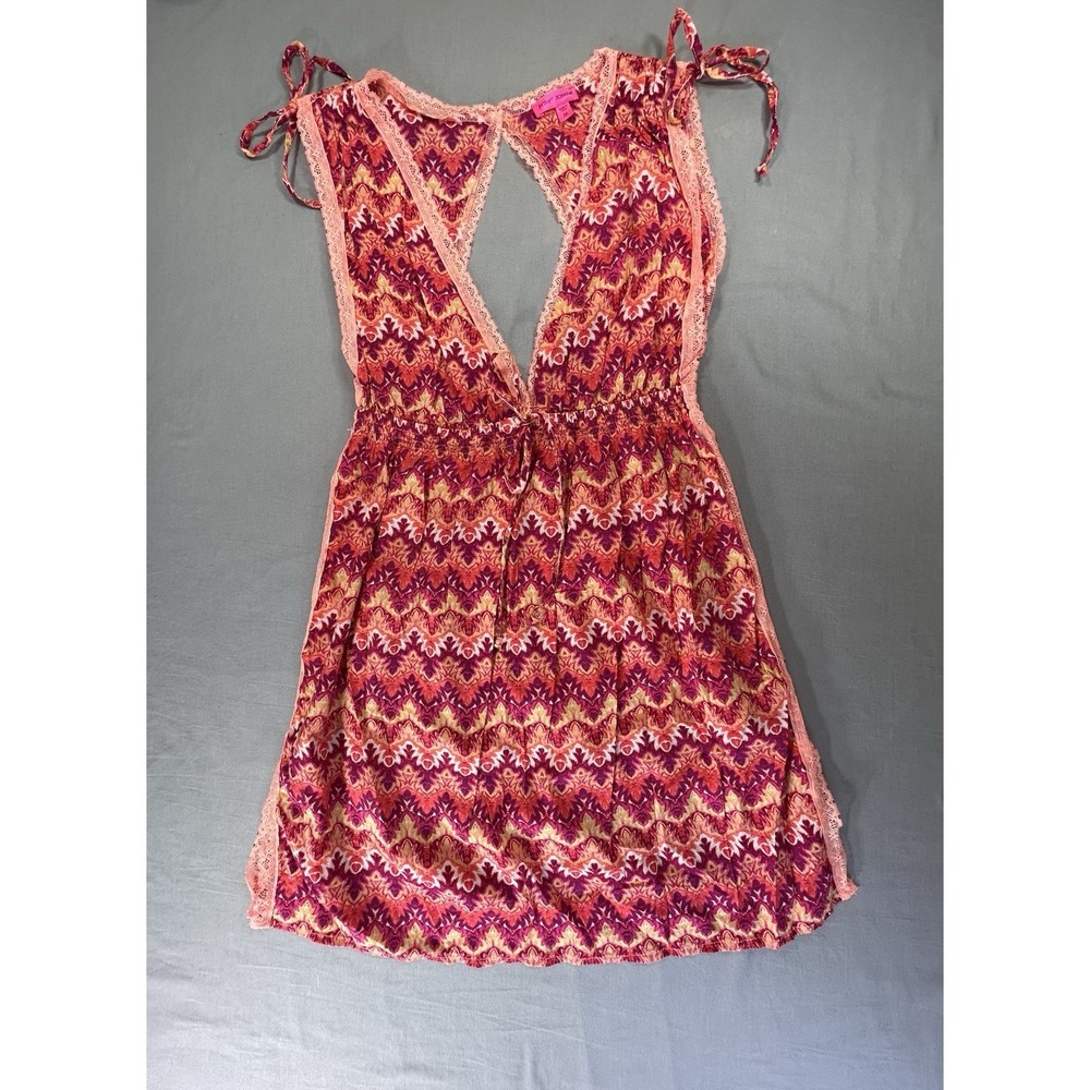 Betsey Johnson boho ikat print lace trim mini dress open back women's medium